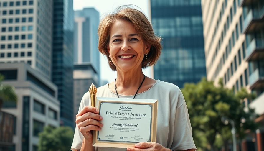 Award-winning agency representative in Hamilton cityscape.