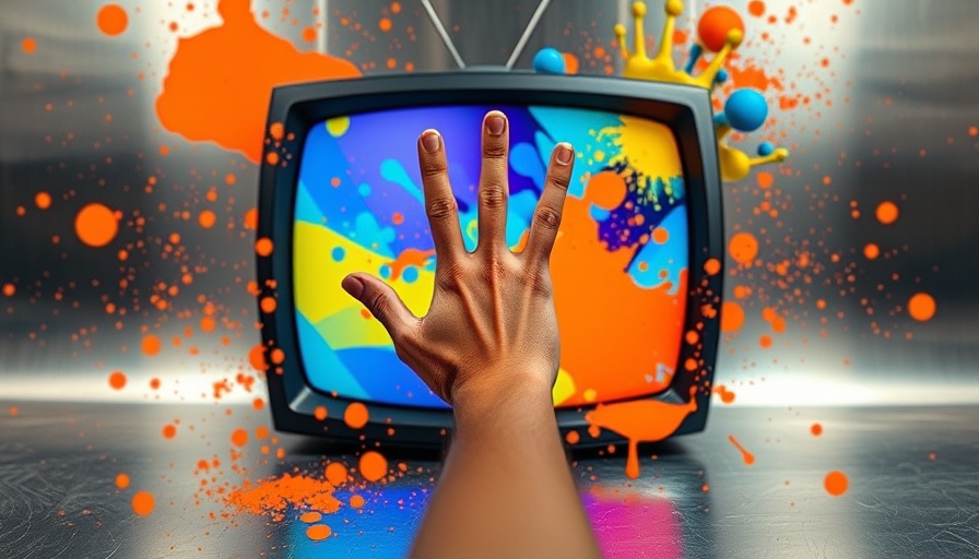 Dynamic hand reaching through colorful TV, symbolizing CTV advertising for SMBs.