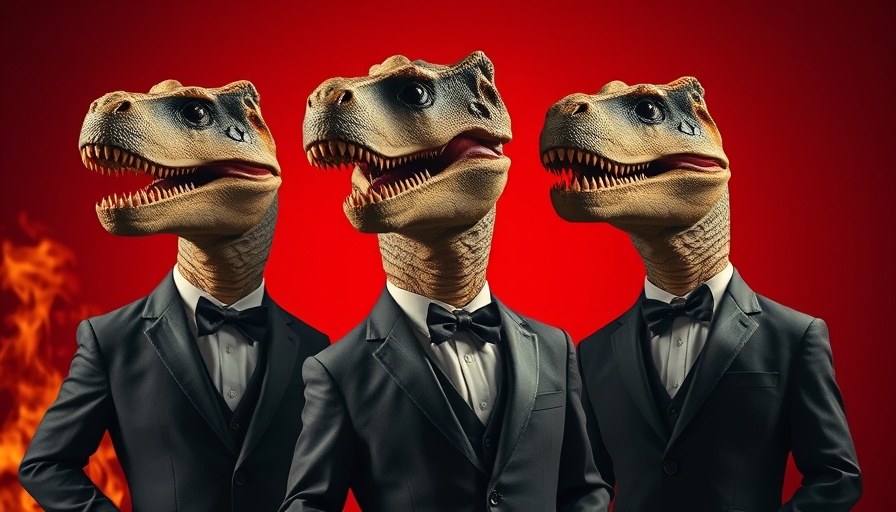Humorous dinosaurs in suits, depicting retail media talent crunch.