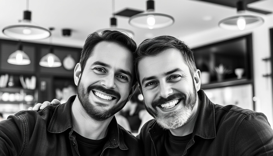 Two men smiling in a modern café setting, HK Digital Direct-to-Expert Model.