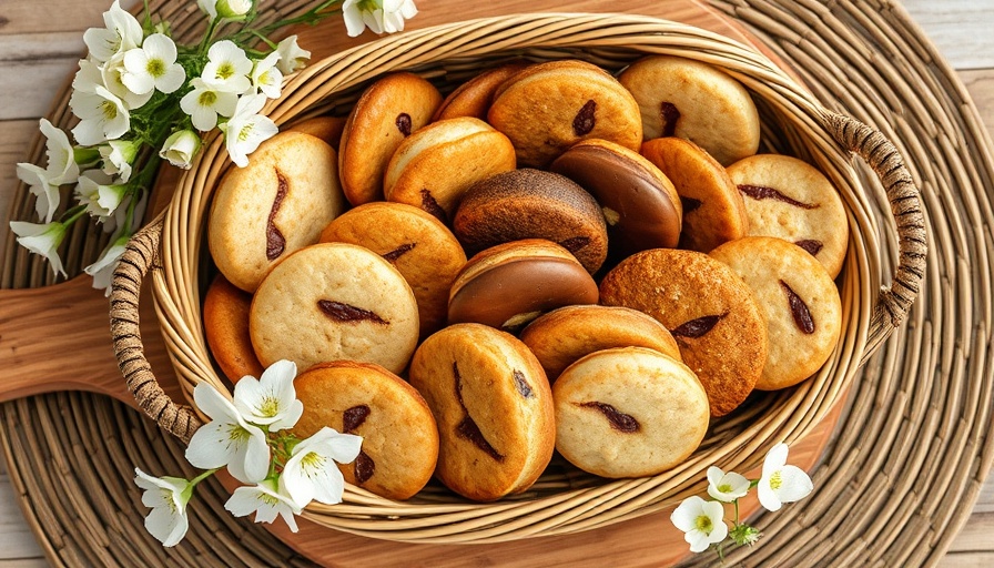 Assorted cookies in a basket on a wooden board with flowers.