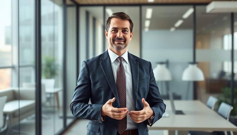 Business leader presenting in modern office, showcasing leadership style.