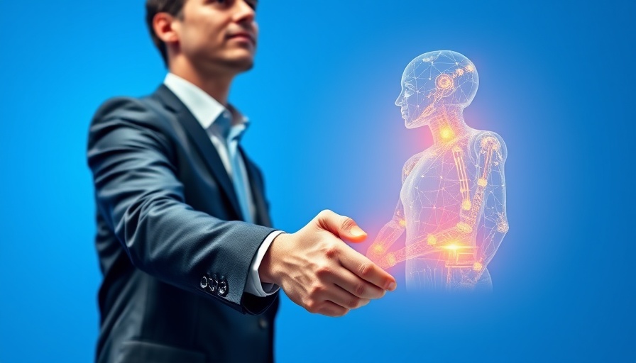 AI CEO in Business: Digital handshake between businessman and AI figure.