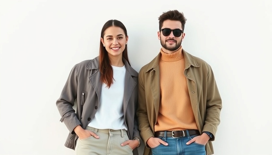 Stylish duo in neutral outfits by a white wall, Les 100 Ciels digital marketing agency.