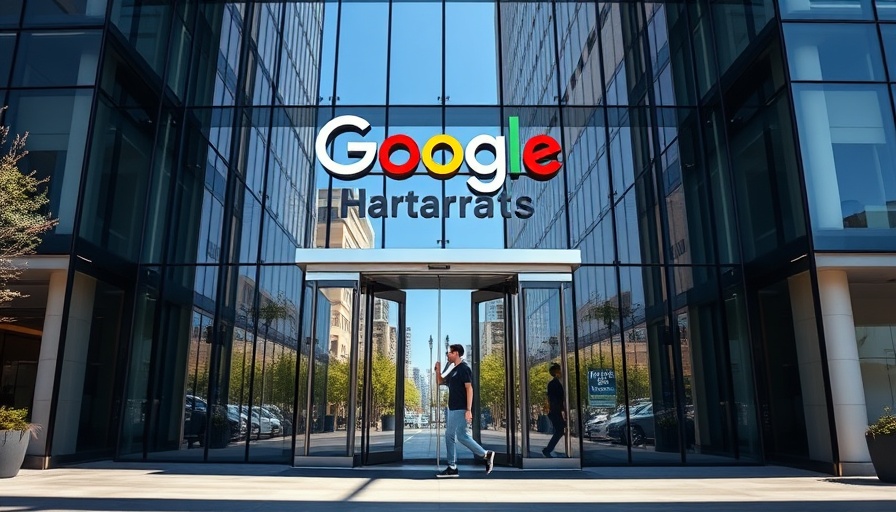 Google digital ad monopoly image with headquarters entrance and pedestrian.