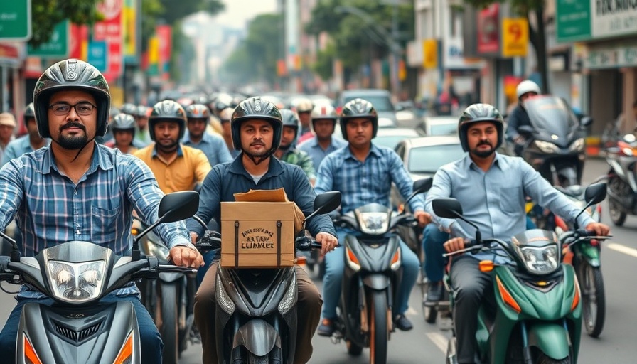 China delivery workers navigating city traffic, reflecting tariff impacts.