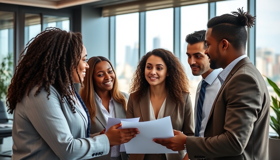 Business professionals in modern office discussing cross-border strategies.