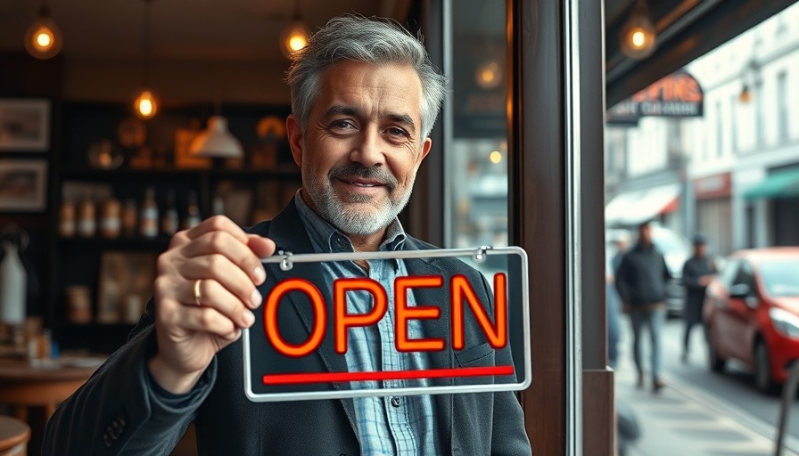 Confident entrepreneur holding 'Open' sign, small business setting