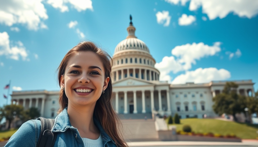 Young woman smiling in front of Capitol building highlighting Trump's Tariffs Impact on Volvo and Mack Trucks Layoffs.