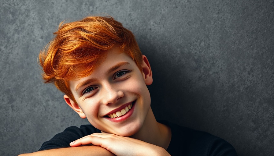 Vibrant man smiling warmly with red hair and tattoos, soft lighting.