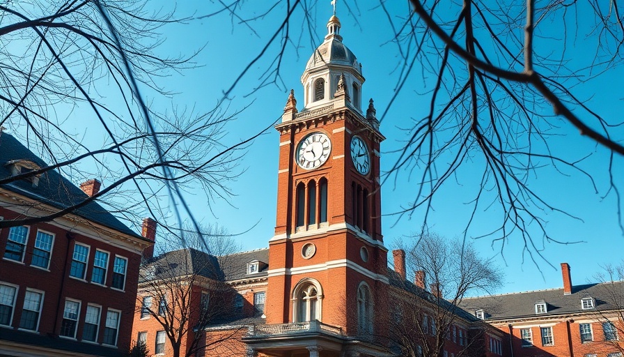 Historic Harvard building and clock tower against a blue sky