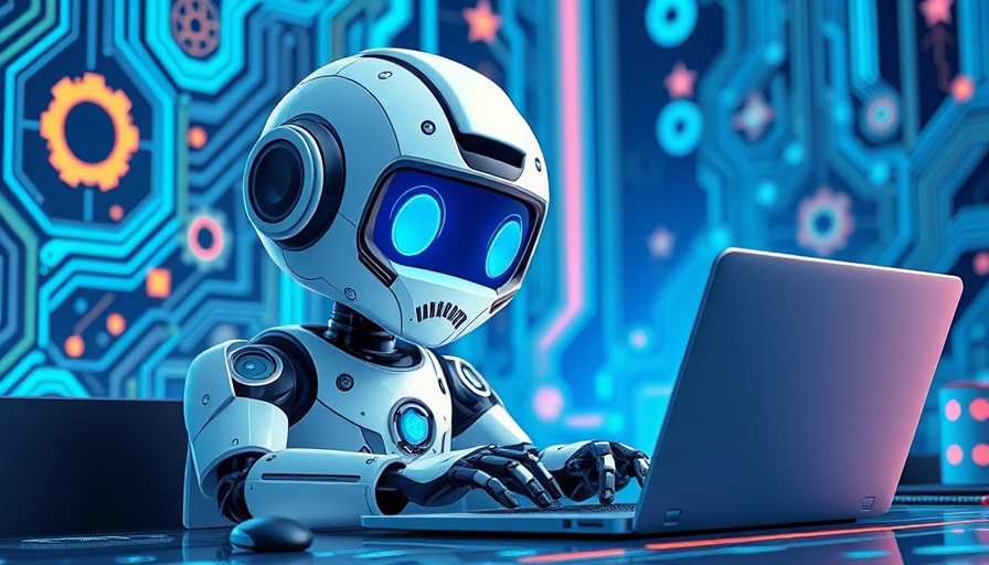 Futuristic AI robot interacts with laptop for SEO automation