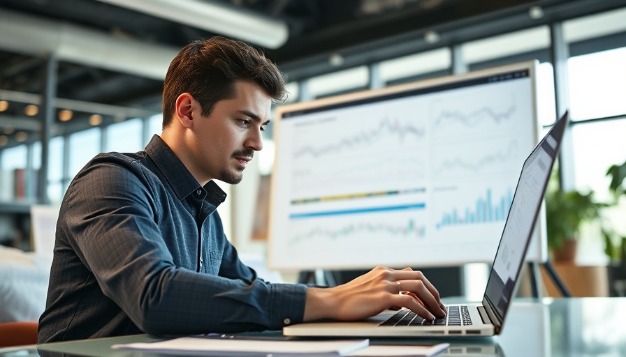 Market analysis scene with laptop, highlighting digital marketing software trends.