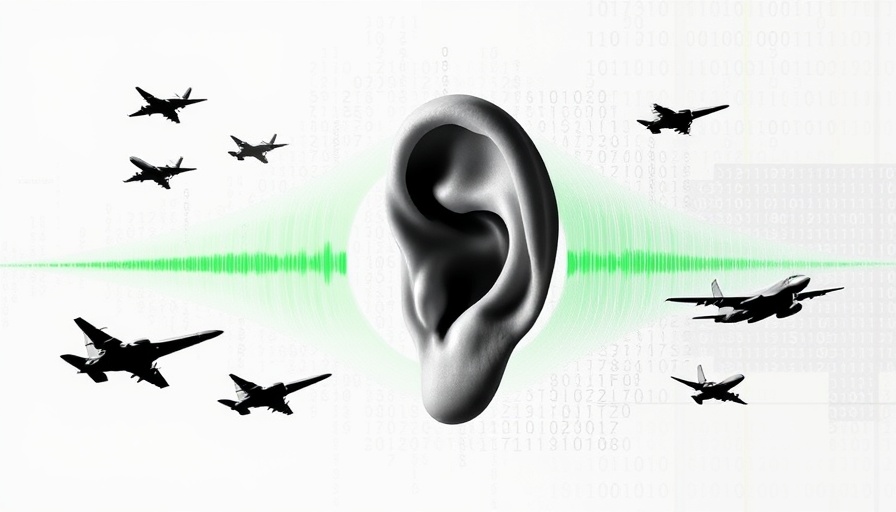 Abstract artwork on military tech surveillance, featuring a central ear.