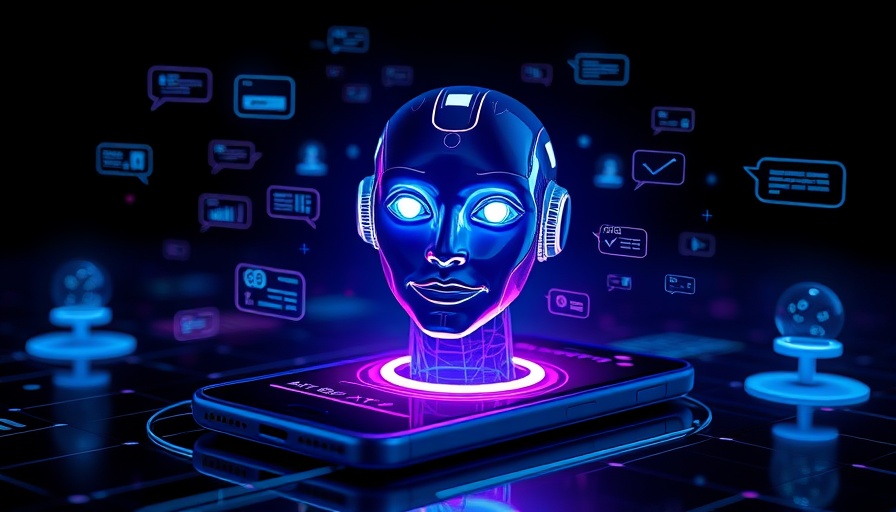 Futuristic AI chatbot interface with holographic elements projected from a smartphone.