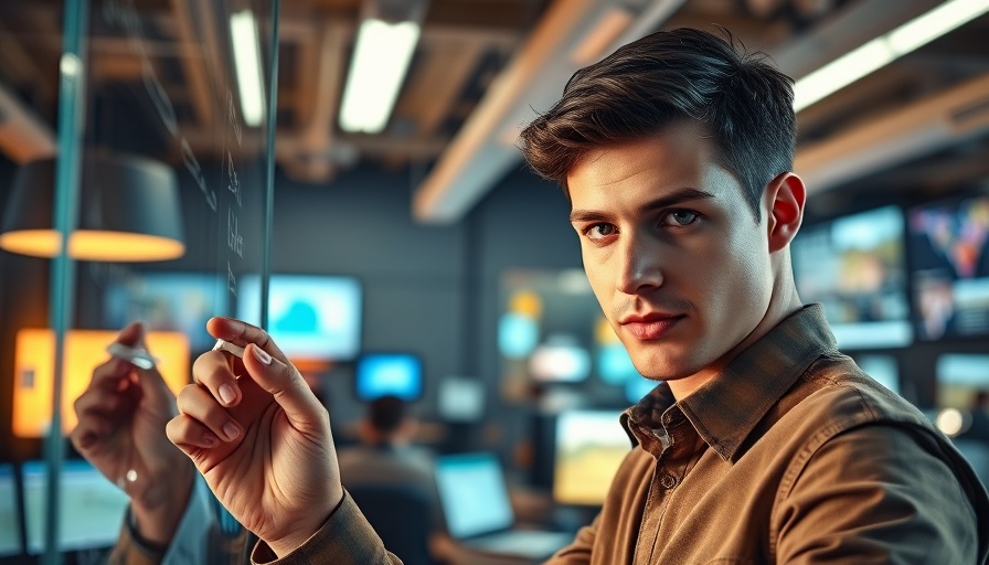 Young man strategizing digital marketing plan in office.