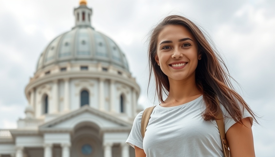 Young woman smiling in front of a domed building, symbolizing Barry Benepe Greenmarket legacy.