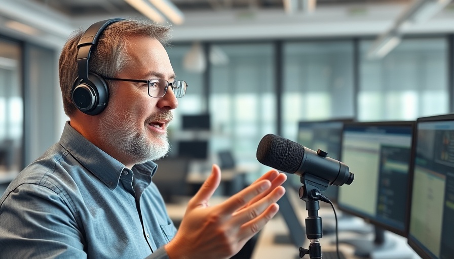 AI in Digital Marketing expert speaking in an office setting with podcast equipment.