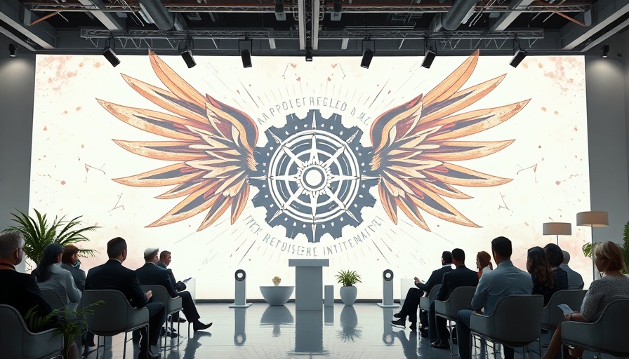 Abstract futuristic press release with seated viewers and digital design.