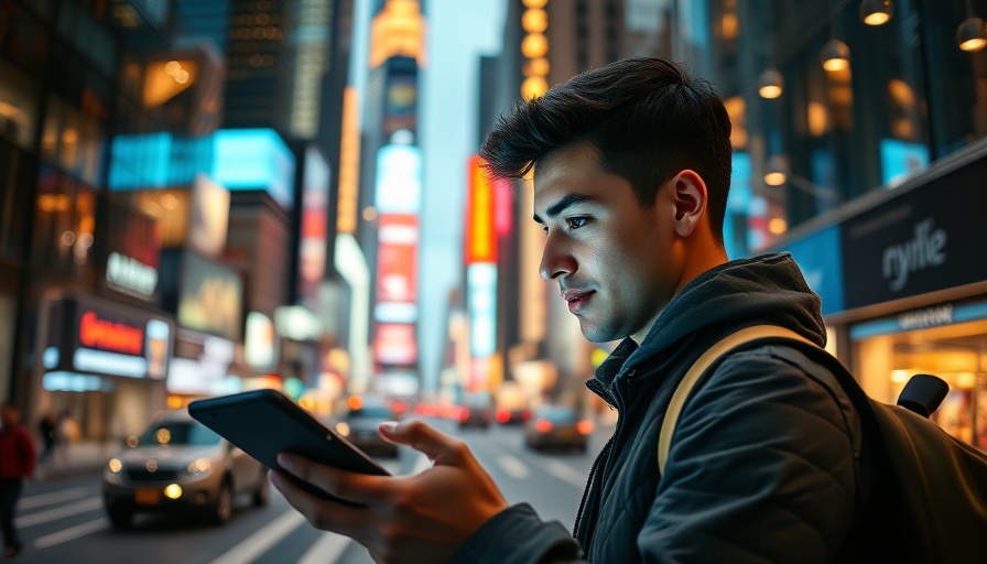 Traveler engaging with interactive web design in urban environment.