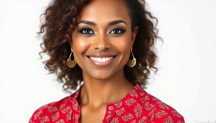 Woman in red blouse smiling confidently, digital identity verification theme.