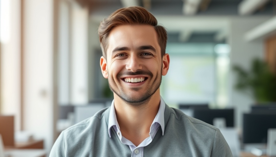 Smiling man in modern office, hyper-personalization in marketing context.