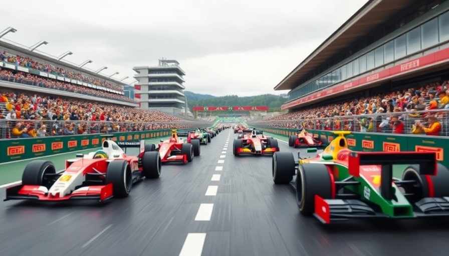 LEGO built life-size F1 cars on racetrack with cheering crowds.