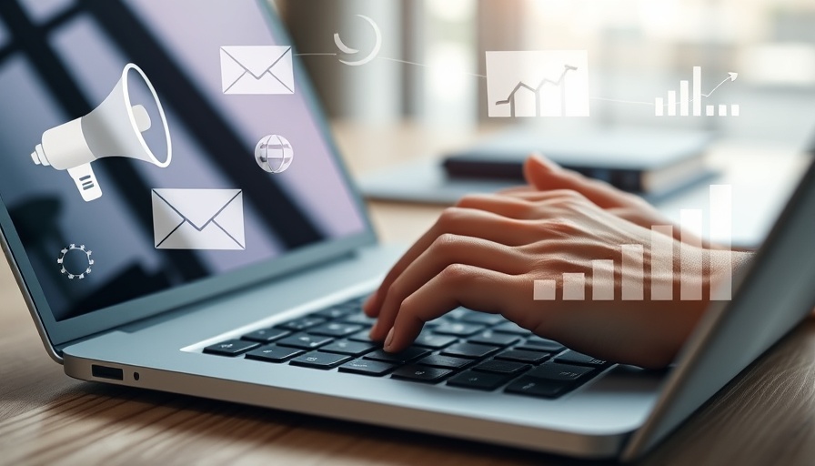 Hands typing on laptop with digital marketing icons overlay.