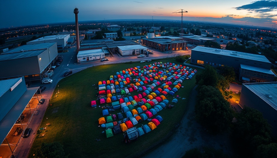 Aerial view of encampment next to industrial site at twilight.