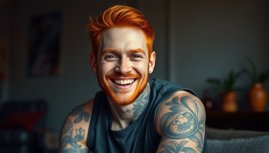 Red-haired man smiling, tattoos visible, casual setting.
