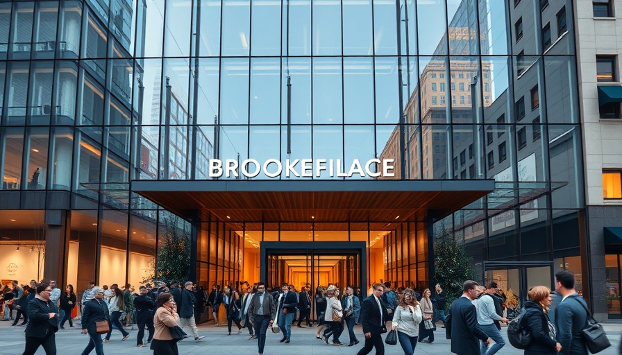 Brookfield Place entrance with people, urban setting.