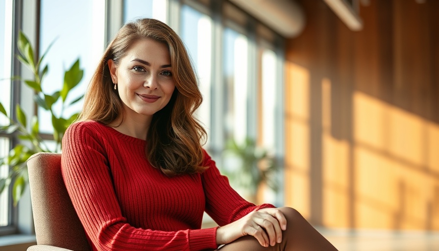 Confident woman in office setting with natural lighting.