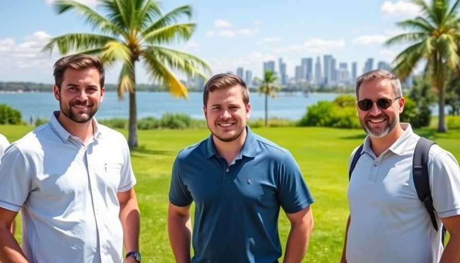 Three men smiling in Dubai park with a lake and skyline in background.