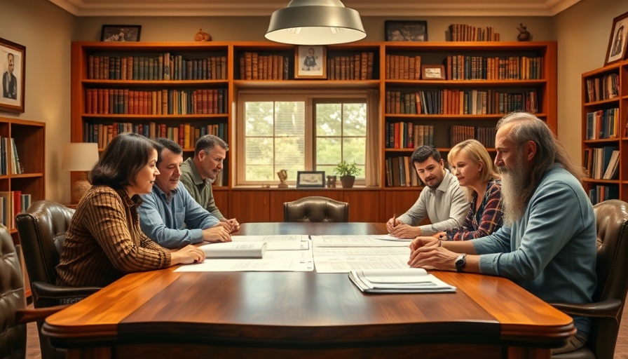 Family discussing succession strategies around a table.
