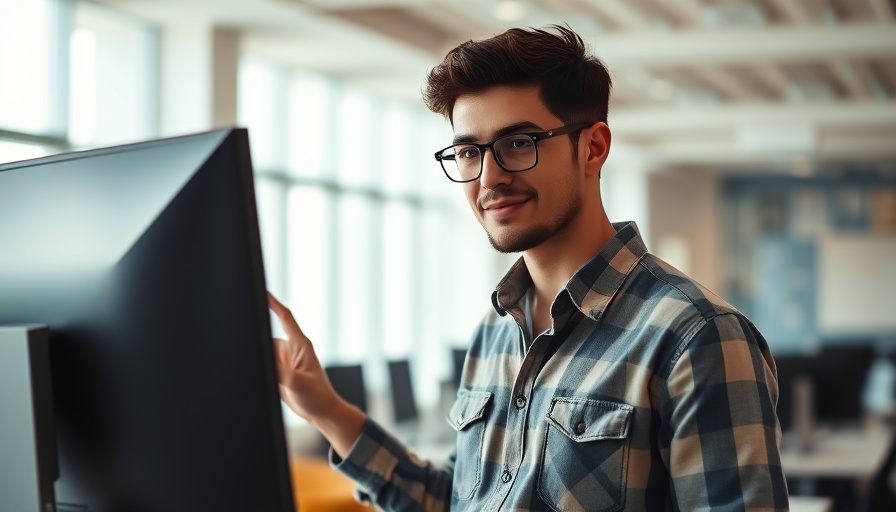Young man demonstrating data on screen in office to master Google autocomplete for SEO.