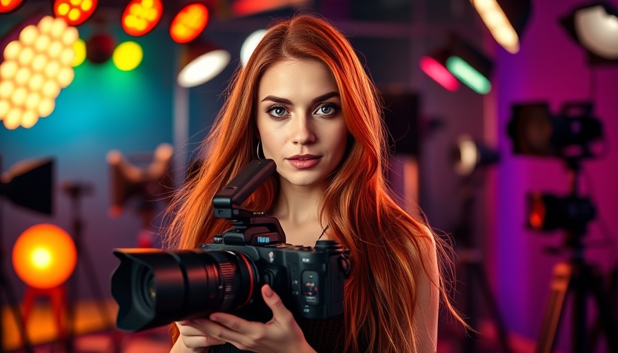 Confident red-haired woman with camera in a bright studio setting.