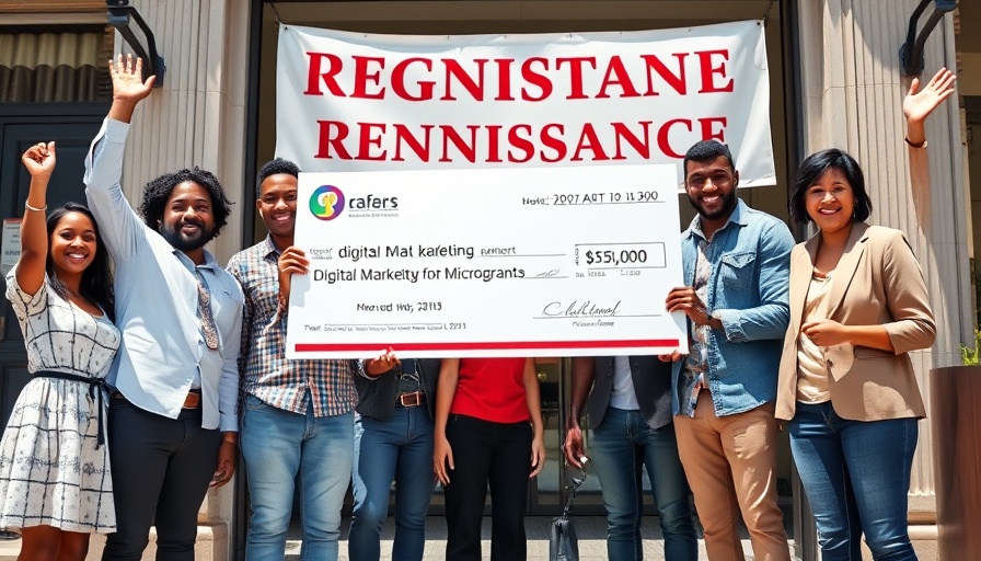 Group celebrating digital marketing microgrants for small businesses.