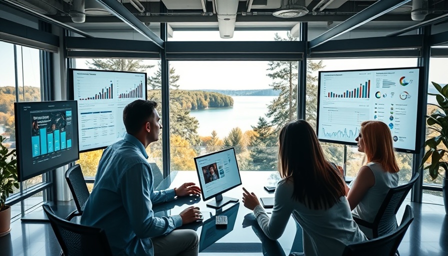 Digital marketing 2025 Canada team in modern office with scenic view.