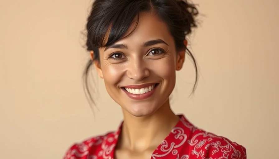Portrait of a smiling woman in a red blouse against a neutral background.