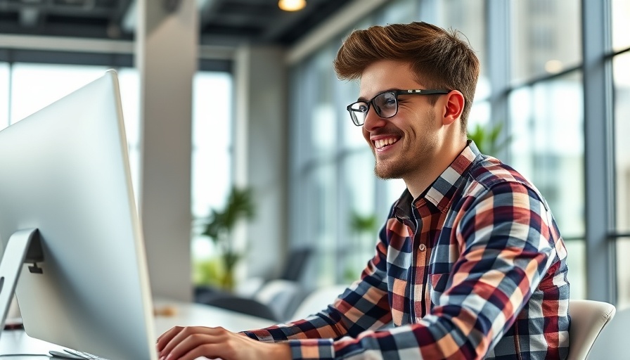 Focused young man at computer in modern office, Google Ads trick for local businesses.