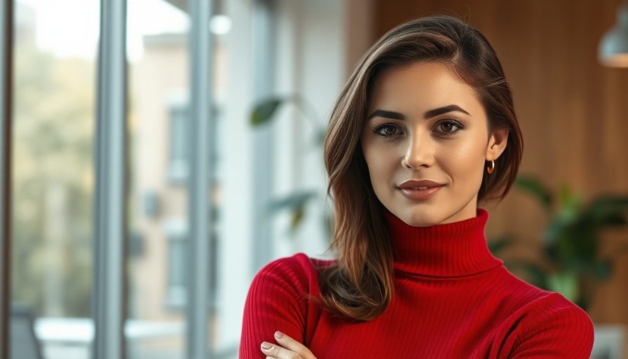 Confident woman in red turtleneck in modern office setting