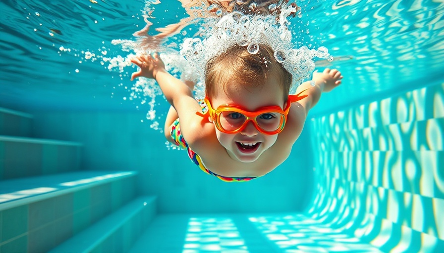 Underwater view of child swimming in pool, wearing goggles and swimsuit.