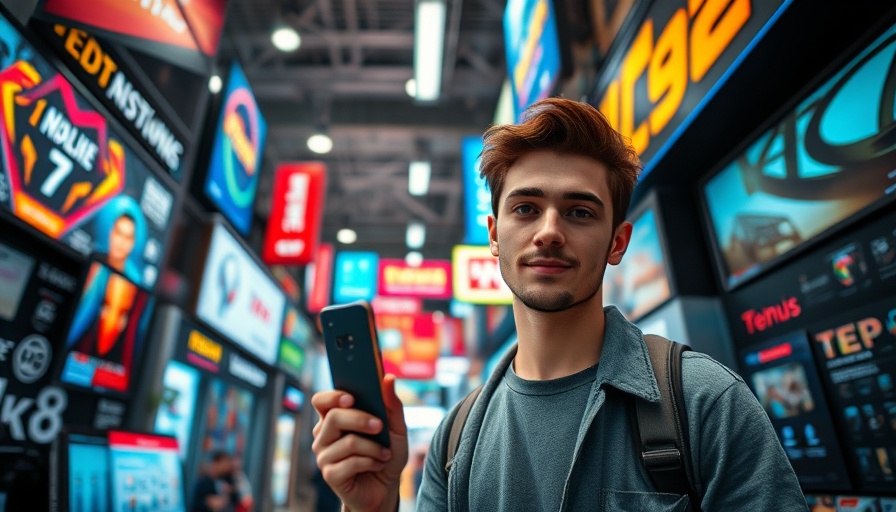 Young man in tech store with colorful advertisements, eBay selling tips.