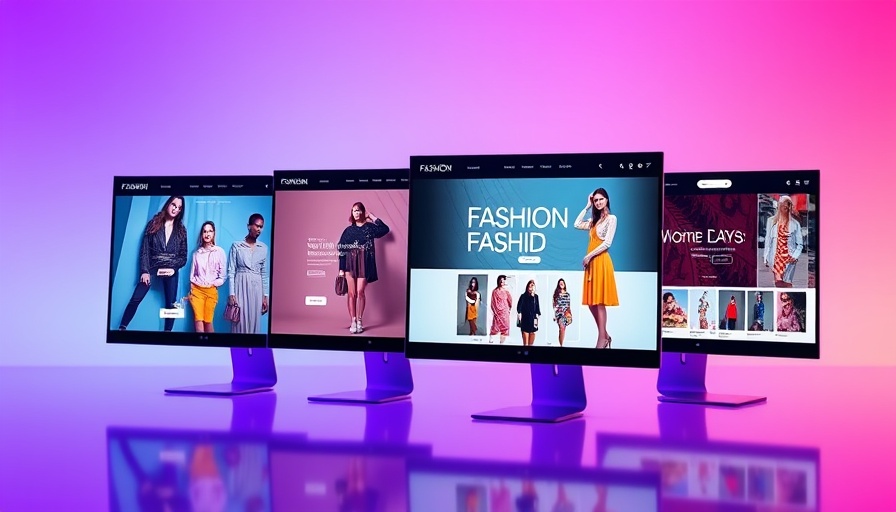 Dynamic digital showcase created with AI Store Builder displays fashion websites on a purple backdrop.
