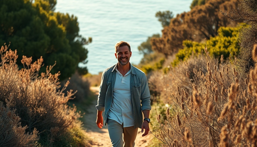 Man walking on a scenic nature trail, symbolizing long-term thinking.