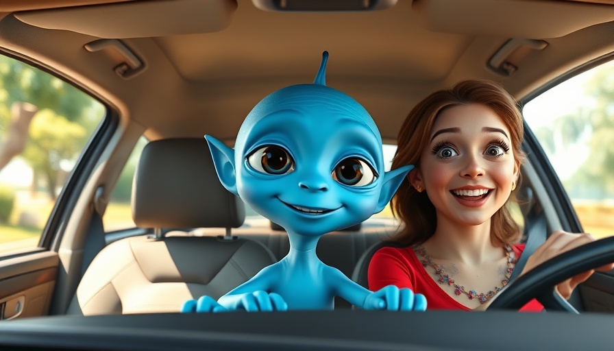 Animated scene of alien causing box office boom in a car with passengers.