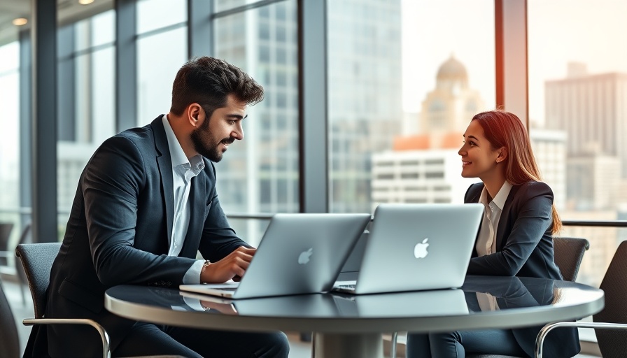 Professionals using laptop in modern office, intelligent automation in finance.
