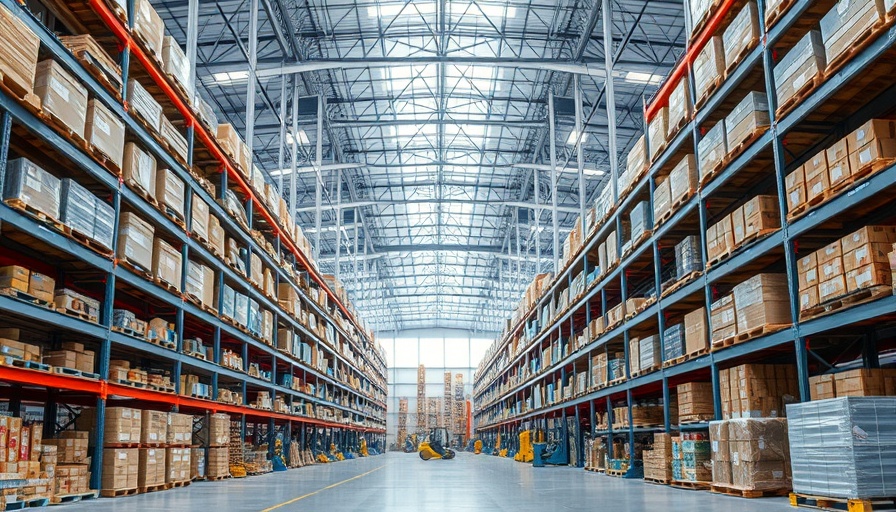 Modern U.S. warehouse interior with organized shelves and boxes.