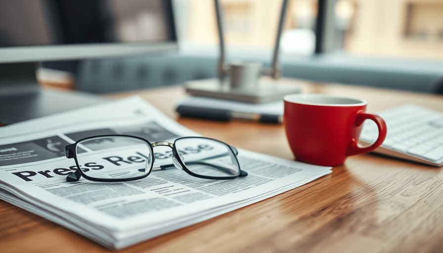 Press release on desk with coffee and glasses.