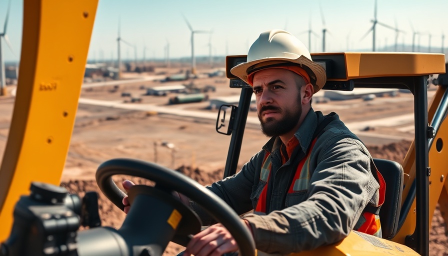 Construction site with worker and wind turbines under clear sky.